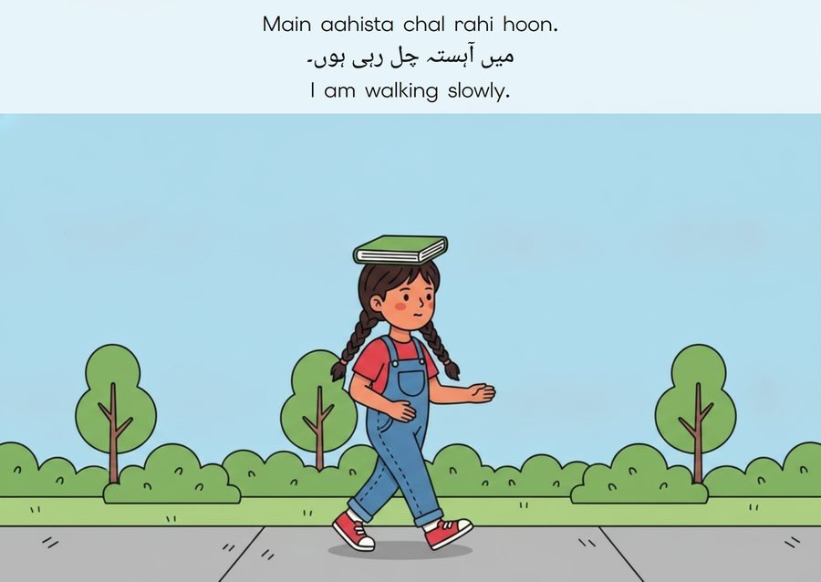 Flashcard: I am walking slowly. (میں آہستہ چل رہی ہوں۔)