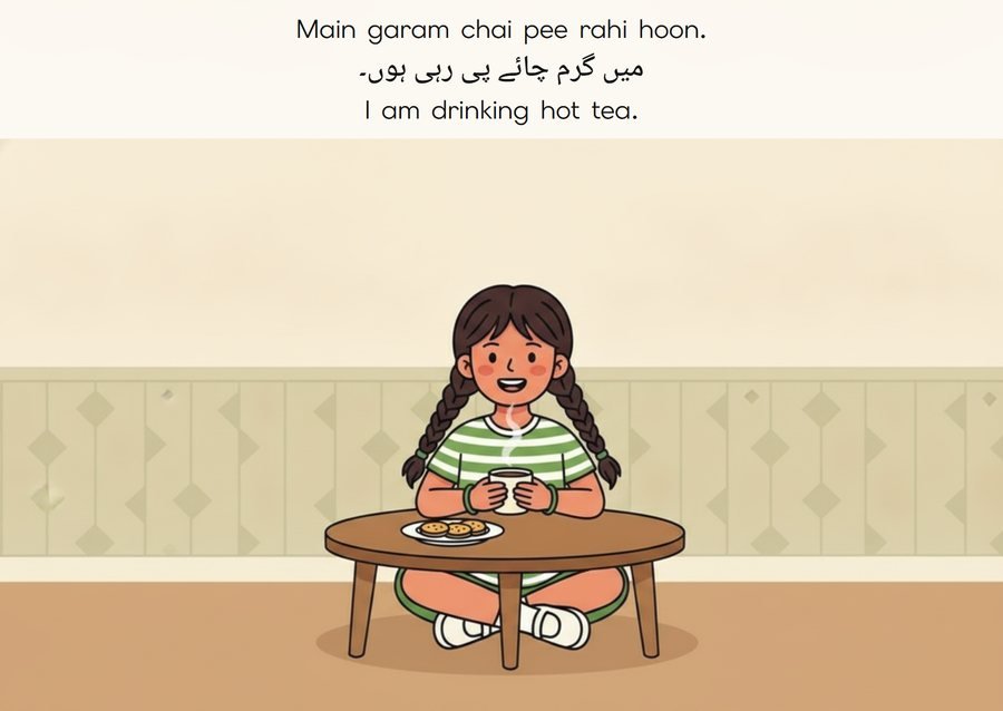 Flashcard: I am drinking hot tea. (میں گرم چائے پی رہی ہوں۔)