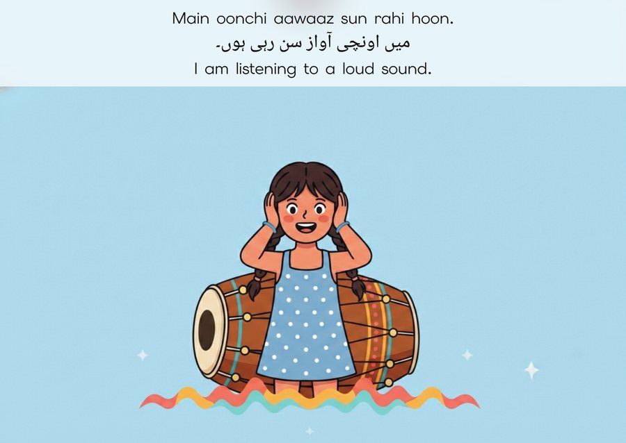 Flashcard: I am listening to a loud sound. (میں اونچی آواز سن رہی ہوں۔)