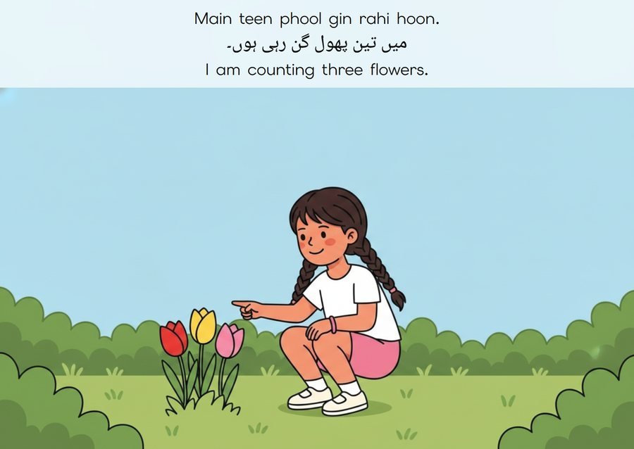 Flashcard: I am counting three flowers. (میں تین پھول گن رہی ہوں۔)
