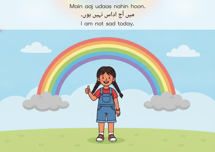 Flashcard: I am not sad today. (میں آج اداس نہیں ہوں۔)