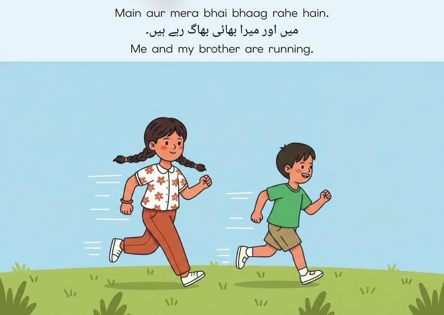 Flashcard: Me and my brother are running. (میں اور میرا بھائی بھاگ رہے ہیں۔)