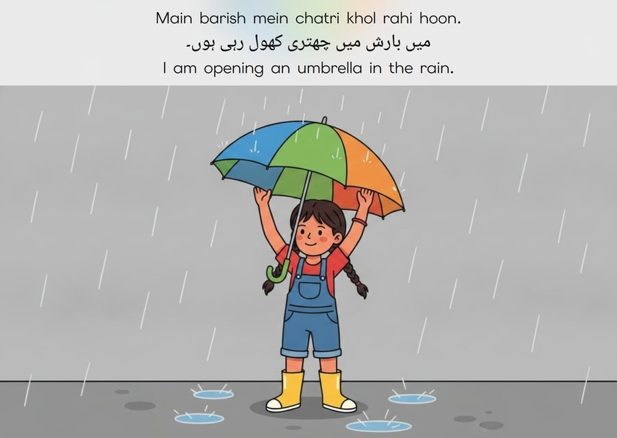 Flashcard: I am opening an umbrella in the rain. (میں بارش میں چھتری کھول رہی ہوں۔)