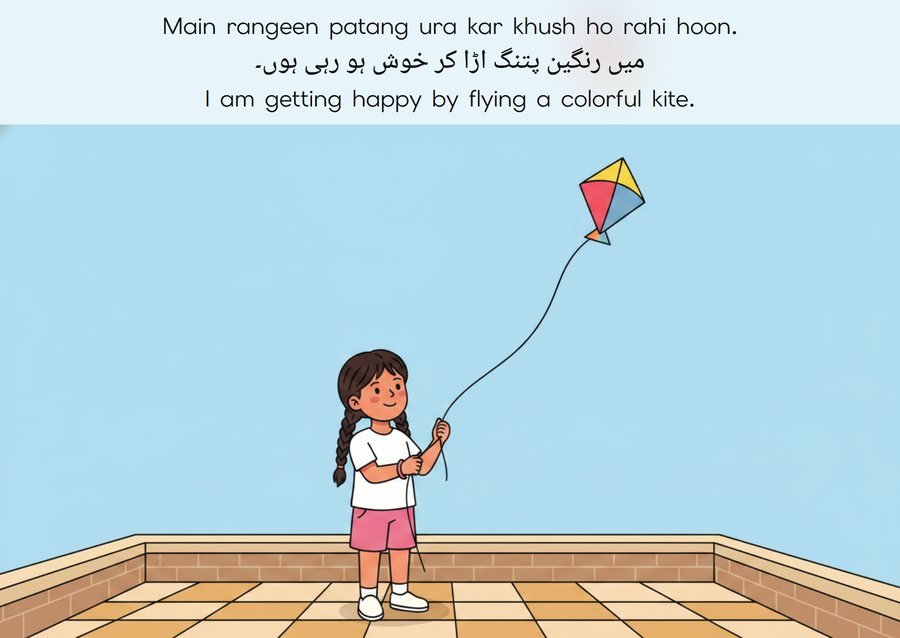 Flashcard: I am getting happy by flying a colorful kite. (میں رنگین پتنگ اڑا کر خوش ہو رہی ہوں۔)