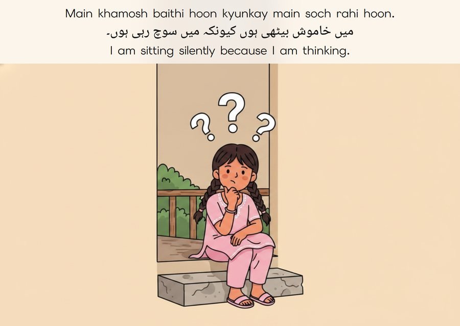 Flashcard: I am sitting silently because I am thinking. (میں خاموش بیٹھی ہوں کیونکہ میں سوچ رہی ہوں۔)