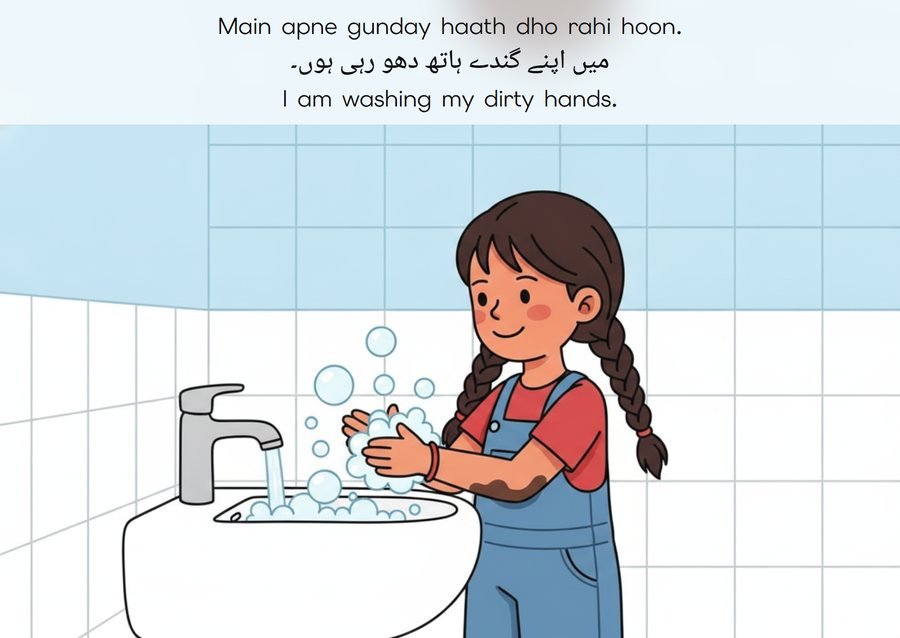 Flashcard: I am washing my dirty hands. (میں اپنے گندے ہاتھ دھو رہی ہوں۔)