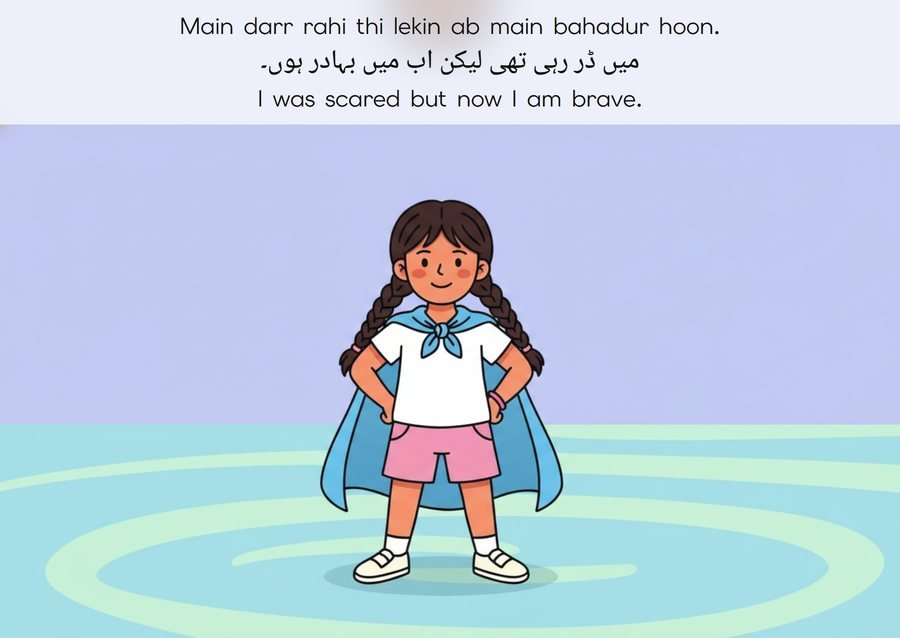 Flashcard: I was scared but now I am brave. (میں ڈر رہی تھی لیکن اب میں بہادر ہوں۔)