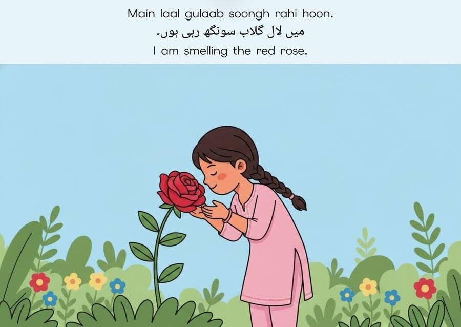 Flashcard: I am smelling the red rose. (میں لال گلاب سونگھ رہی ہوں۔)