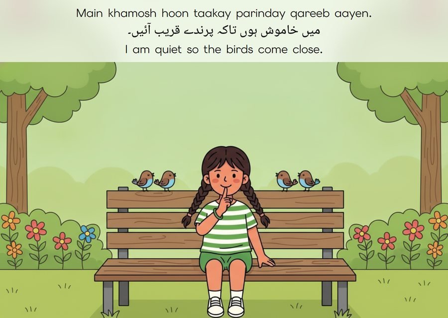 Flashcard: I am quiet so the birds come close. (میں خاموش ہوں تاکہ پرندے قریب آئیں۔)