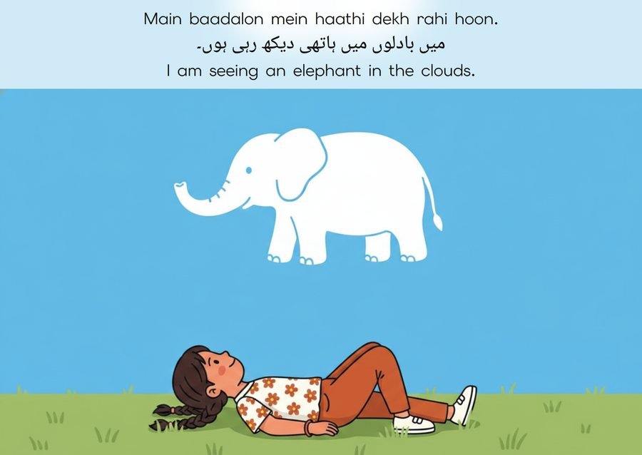 Flashcard: I am seeing an elephant in the clouds. (میں بادلوں میں ہاتھی دیکھ رہی ہوں۔)