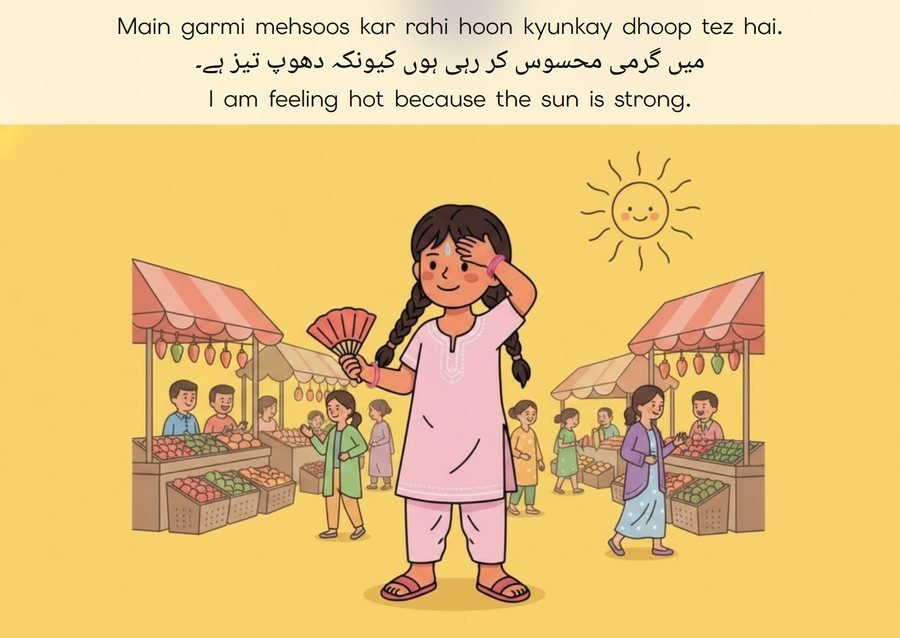 Flashcard: I am feeling hot because the sun is strong. (میں گرمی محسوس کر رہی ہوں کیونکہ دھوپ تیز ہے۔)