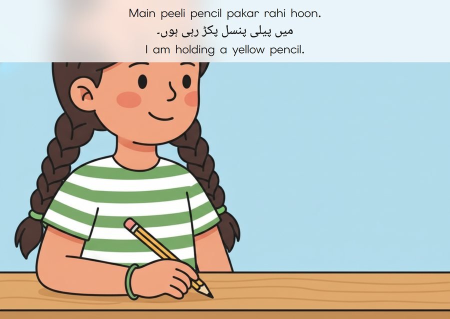 Flashcard: I am holding a yellow pencil. (میں پیلی پنسل پکڑ رہی ہوں۔)