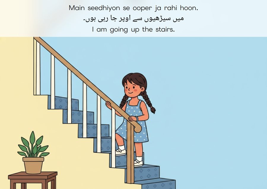 Flashcard: I am going up the stairs. (میں سیڑھیوں سے اوپر جا رہی ہوں۔)