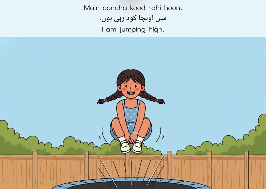 Flashcard: I am jumping high. (میں اونچا کود رہی ہوں۔)