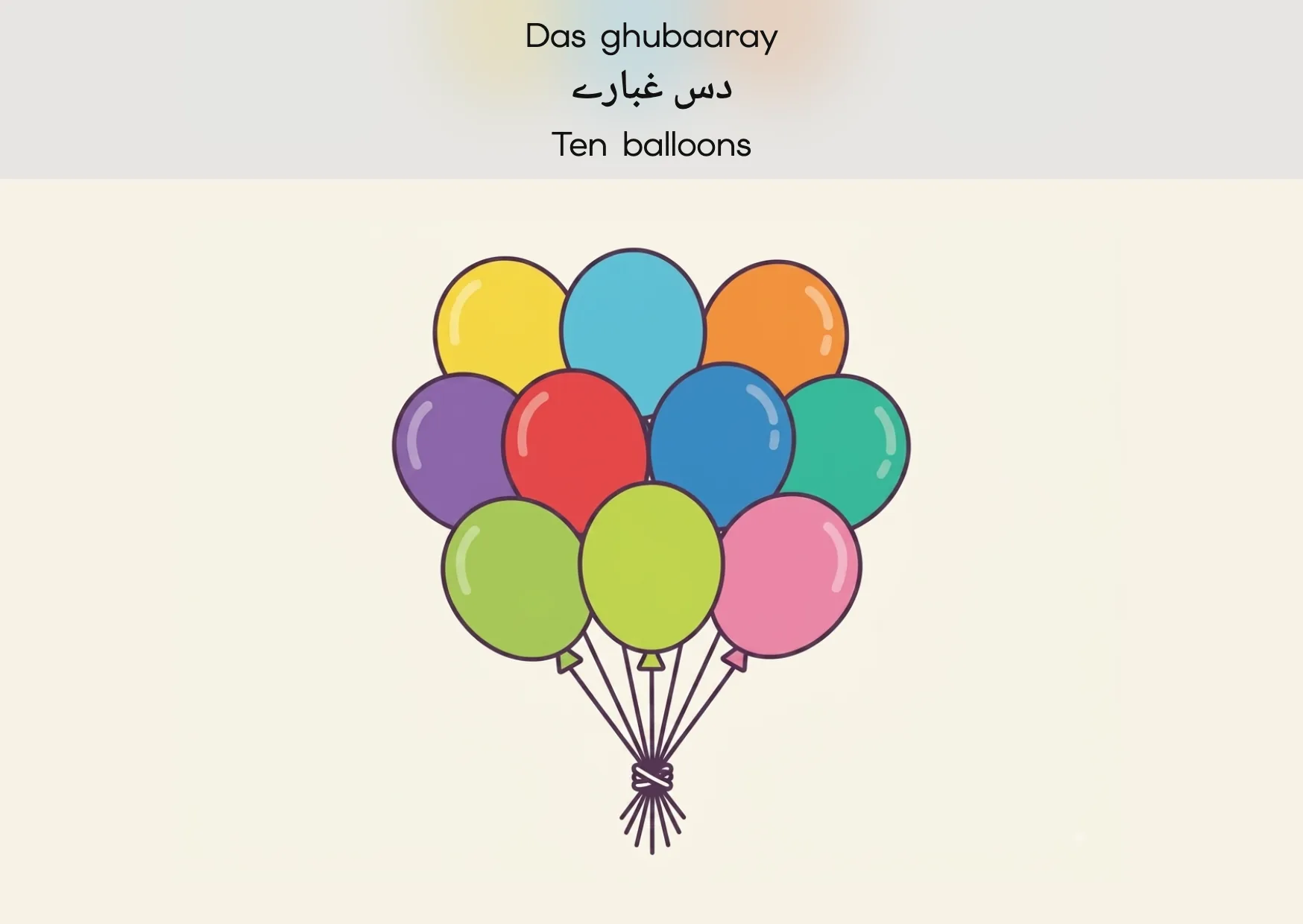 Flashcard: Ten balloons (دس غبارے)