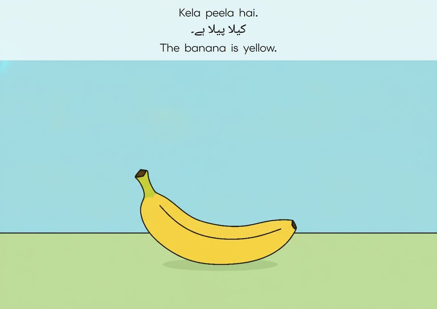 Flashcard: The banana is yellow. (کیلا پیلا ہے۔)