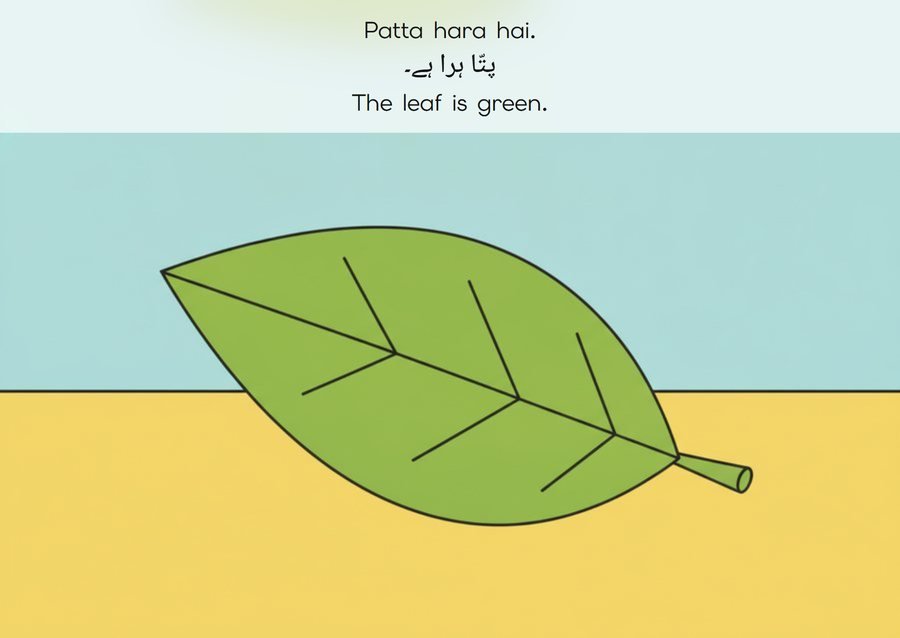 Flashcard: The leaf is green. (پتّا ہرا ہے۔)