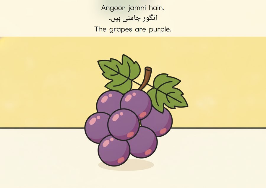 Flashcard: The grapes are purple. (انگور جامنی ہیں۔)