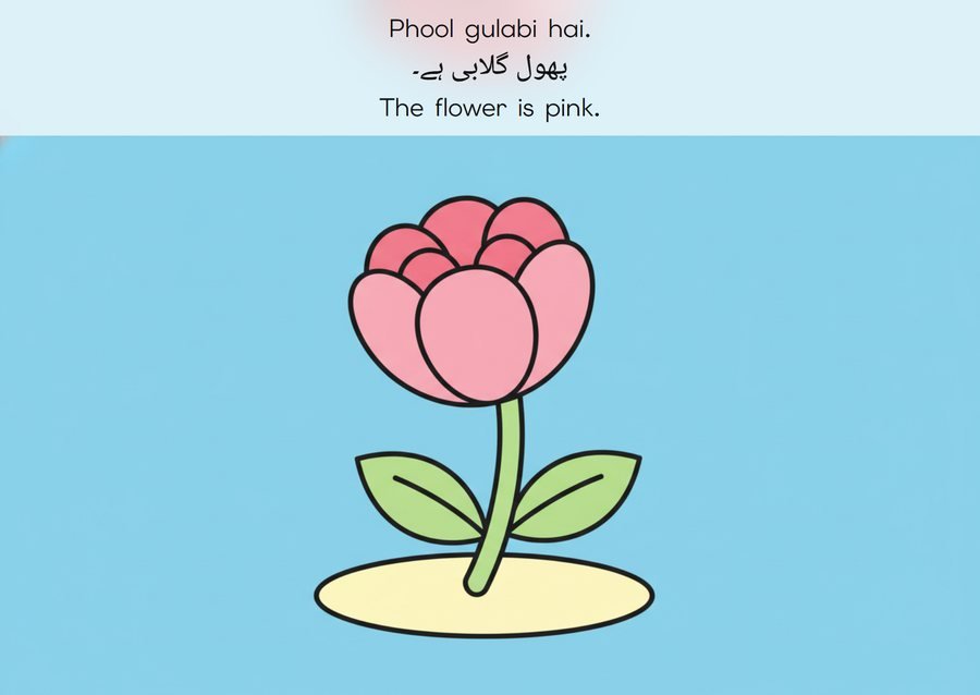 Flashcard: The flower is pink. (پھول گلابی ہے۔)