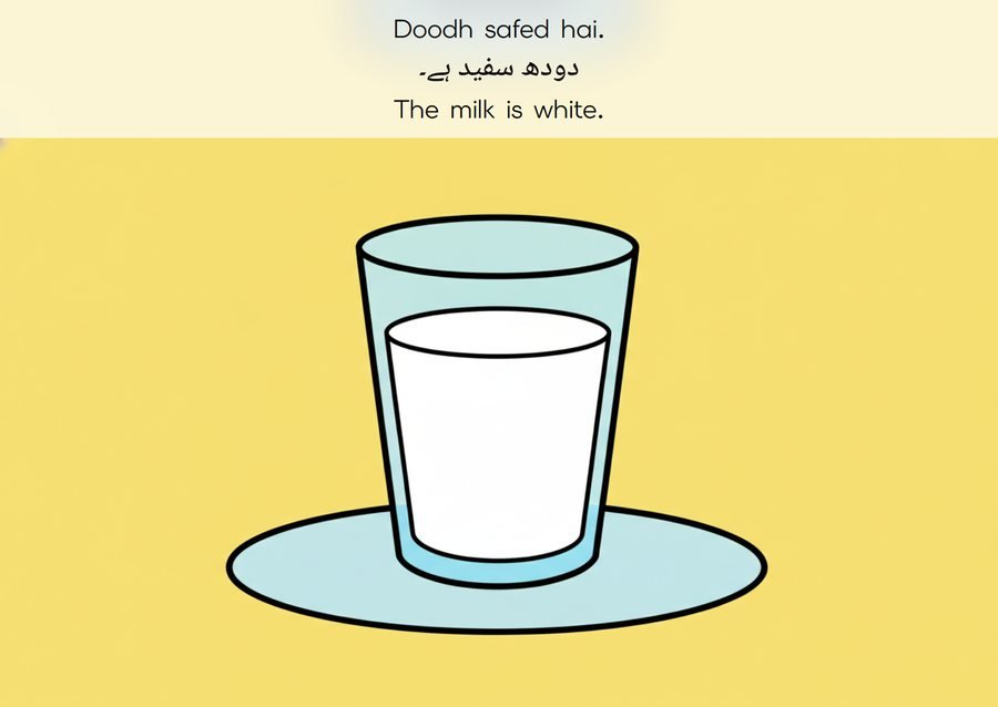 Flashcard: The milk is white. (دودھ سفید ہے۔)