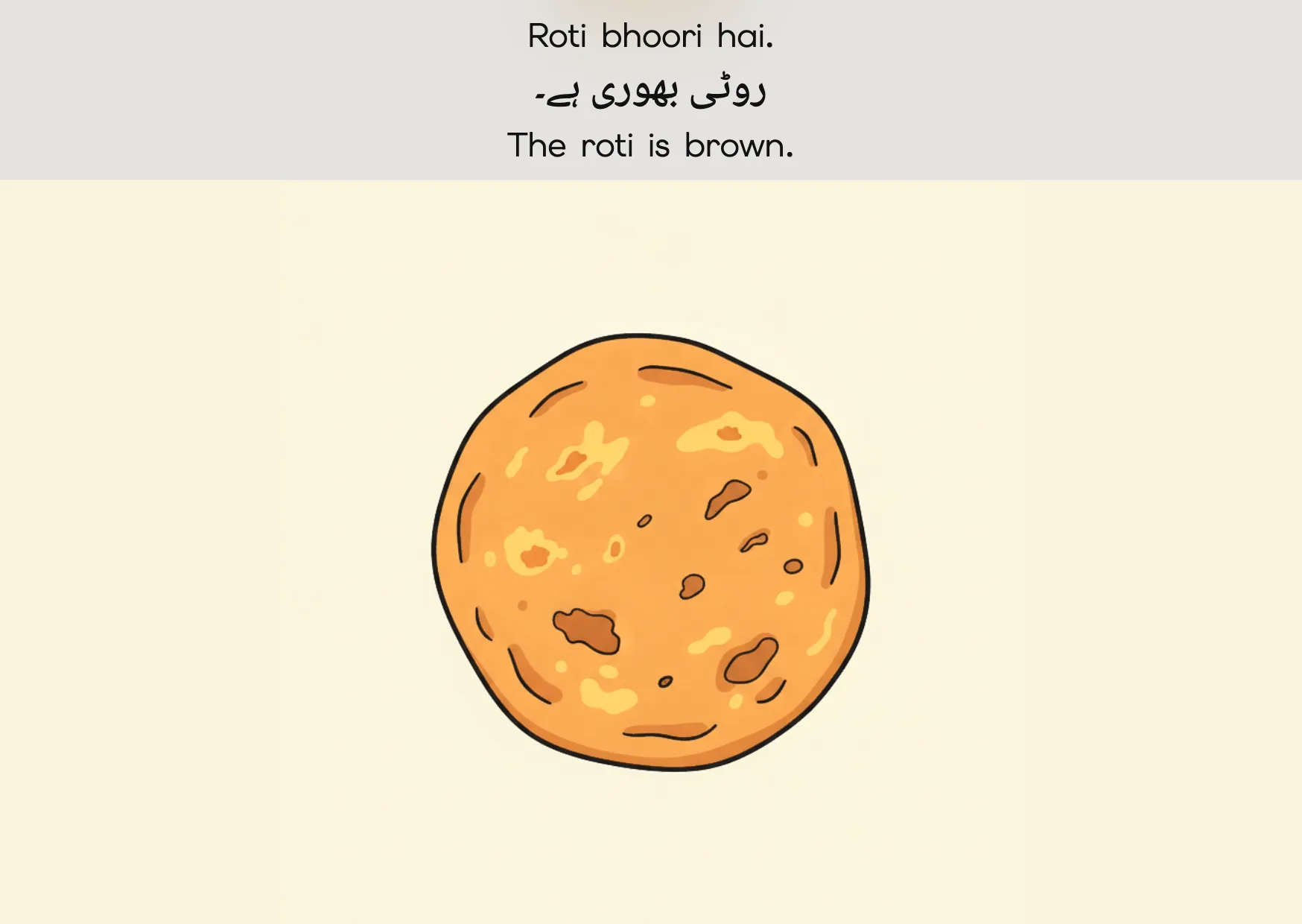 Flashcard: The roti is brown. (روٹی بھوری ہے۔)