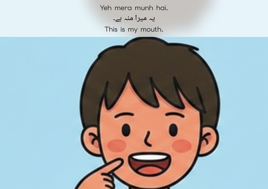 Flashcard: This is my mouth. (یہ میرا منہ ہے۔)