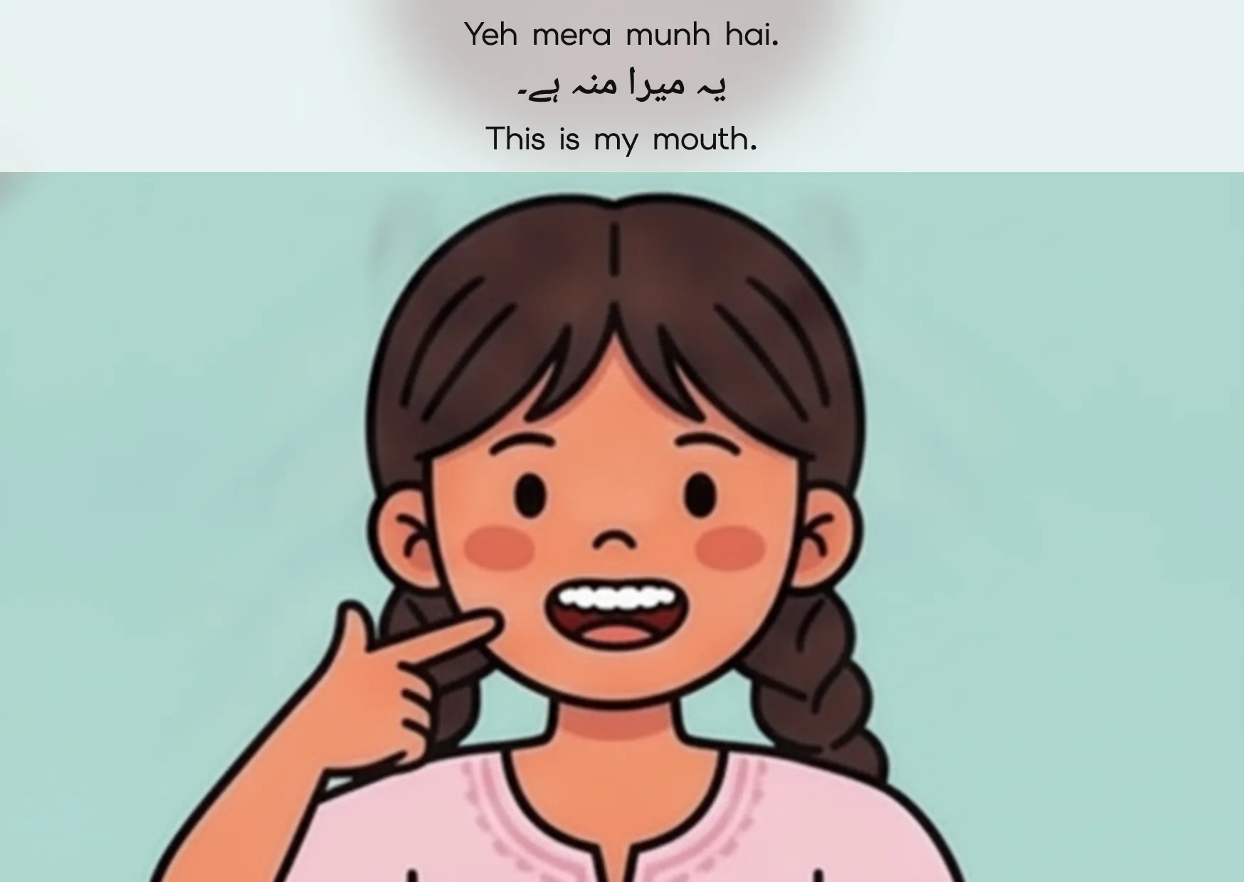 Flashcard: This is my mouth. (یہ میرا منہ ہے۔)