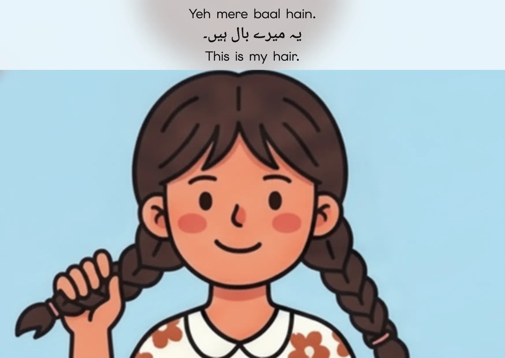 Flashcard: This is my hair. (یہ میرے بال ہیں۔)