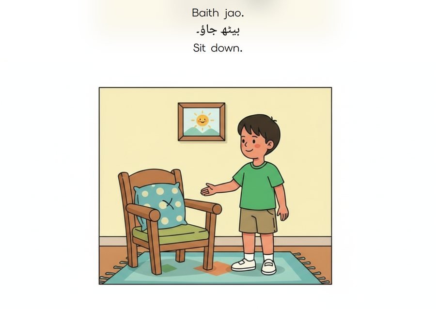 Flashcard: Sit down. (بیٹھ جاؤ۔)