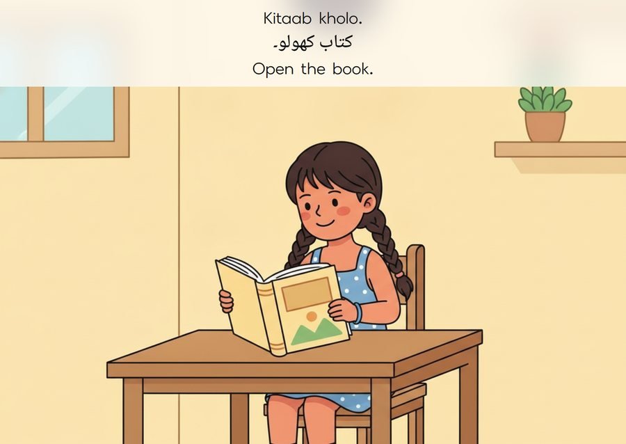 Flashcard: Open the book. (کتاب کھولو۔)