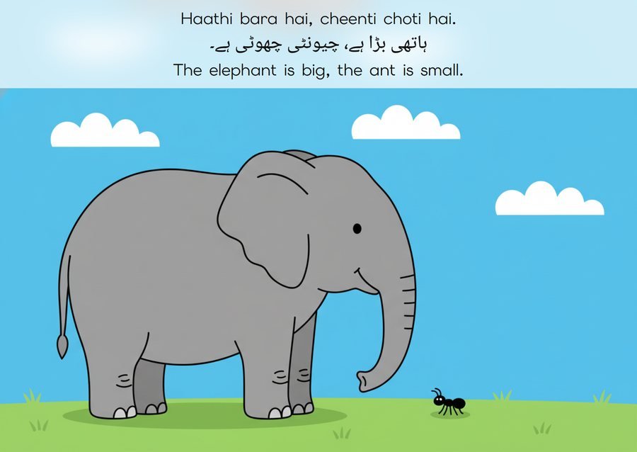 Flashcard: The elephant is big, the ant is small. (ہاتھی بڑا ہے، چیونٹی چھوٹی ہے۔)