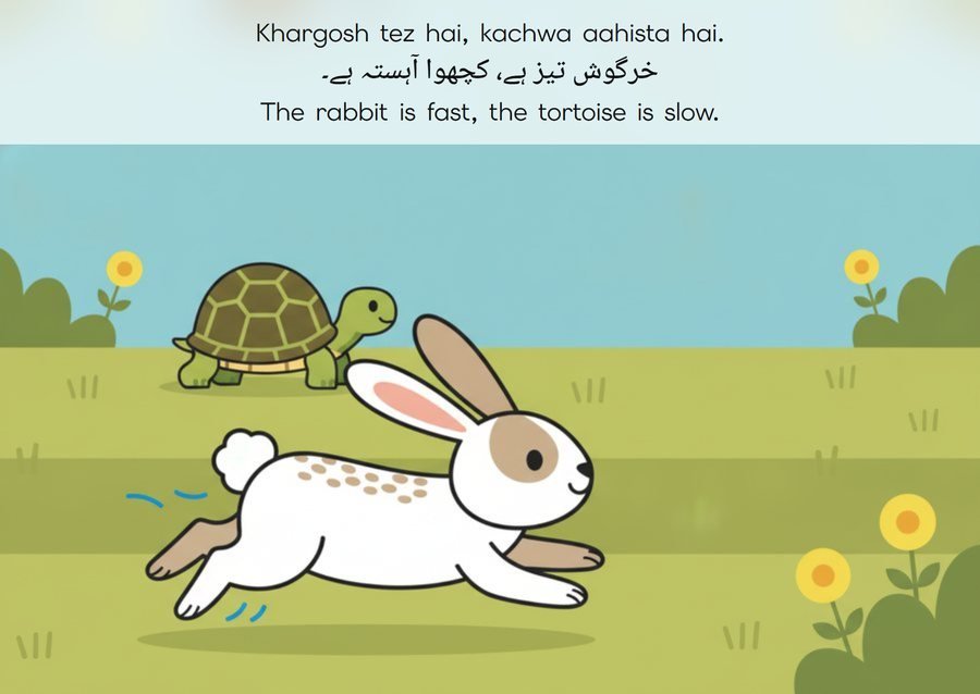 Flashcard: The rabbit is fast, the tortoise is slow. (خرگوش تیز ہے، کچھوا آہستہ ہے۔)