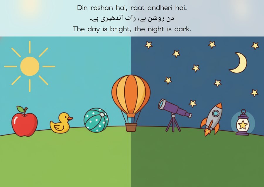 Flashcard: The day is bright, the night is dark. (دن روشن ہے، رات اندھیری ہے۔)