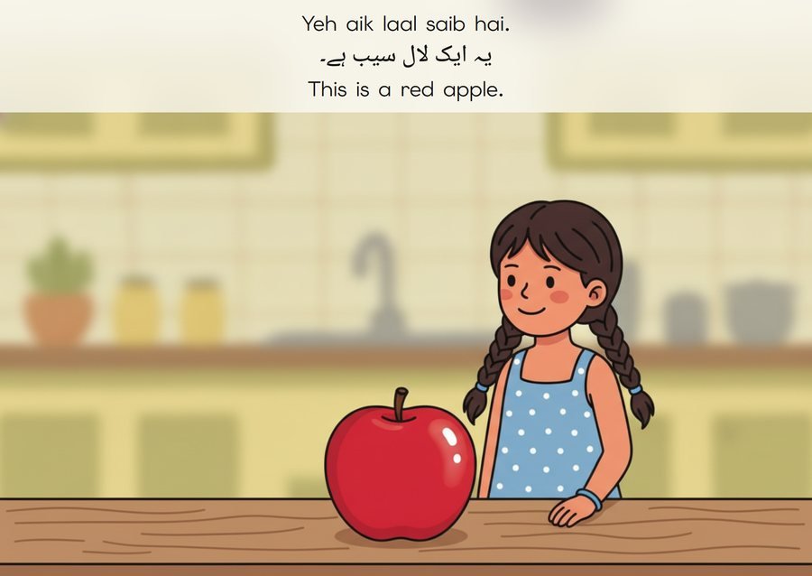 Flashcard: This is a red apple. (یہ ایک لال سیب ہے۔)