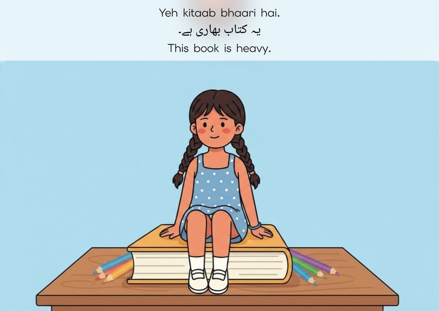 Flashcard: This book is heavy. (یہ کتاب بھاری ہے۔)