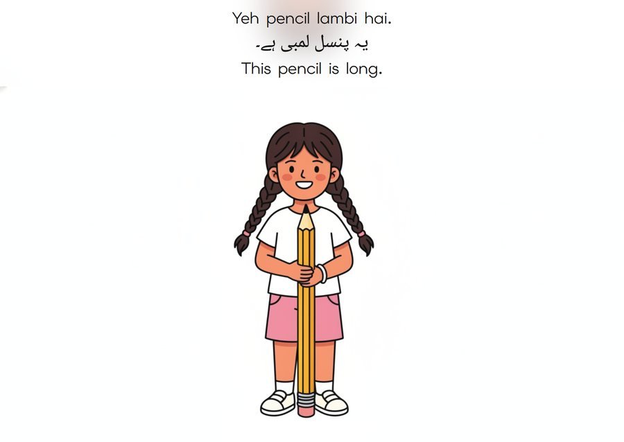 Flashcard: This pencil is long. (یہ پنسل لمبی ہے۔)