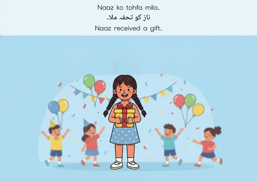Flashcard: Naaz received a gift. (ناز کو تحفہ ملا۔)