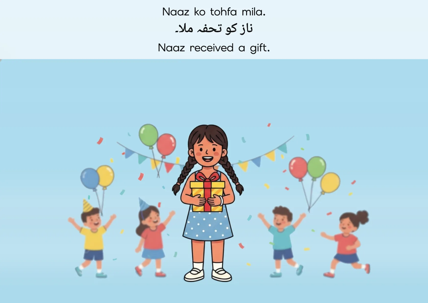 Flashcard: Naaz received a gift. (ناز کو تحفہ ملا۔)
