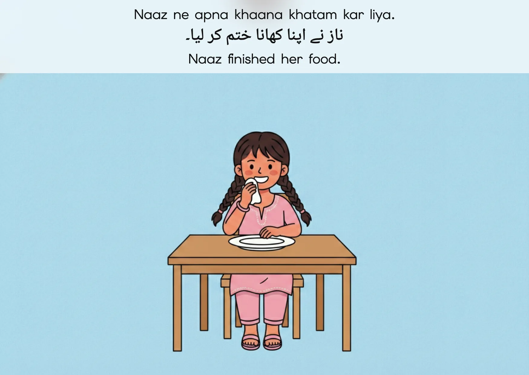 Flashcard: Naaz finished her food. (ناز نے اپنا کھانا ختم کر لیا۔)