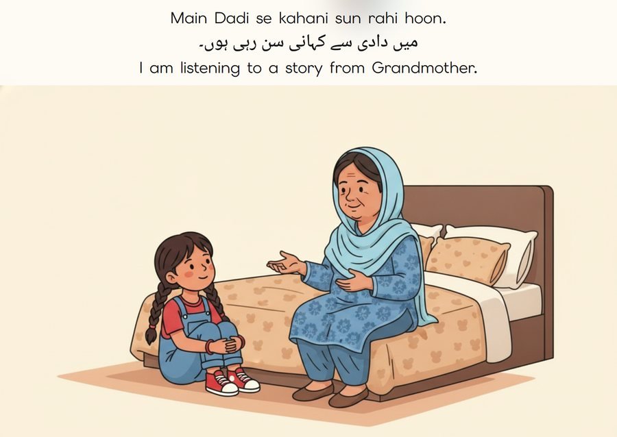 Flashcard: I am listening to a story from Grandmother. (میں دادی سے کہانی سن رہی ہوں۔)