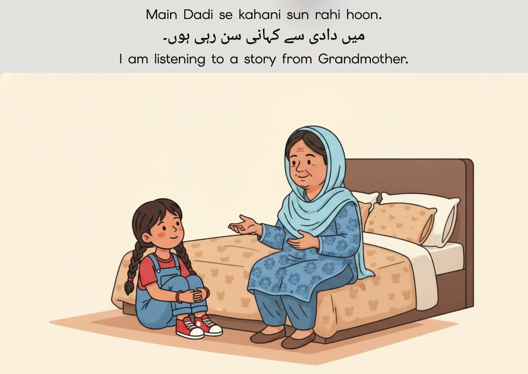 Flashcard: I am listening to a story from Grandmother. (میں دادی سے کہانی سن رہی ہوں۔)
