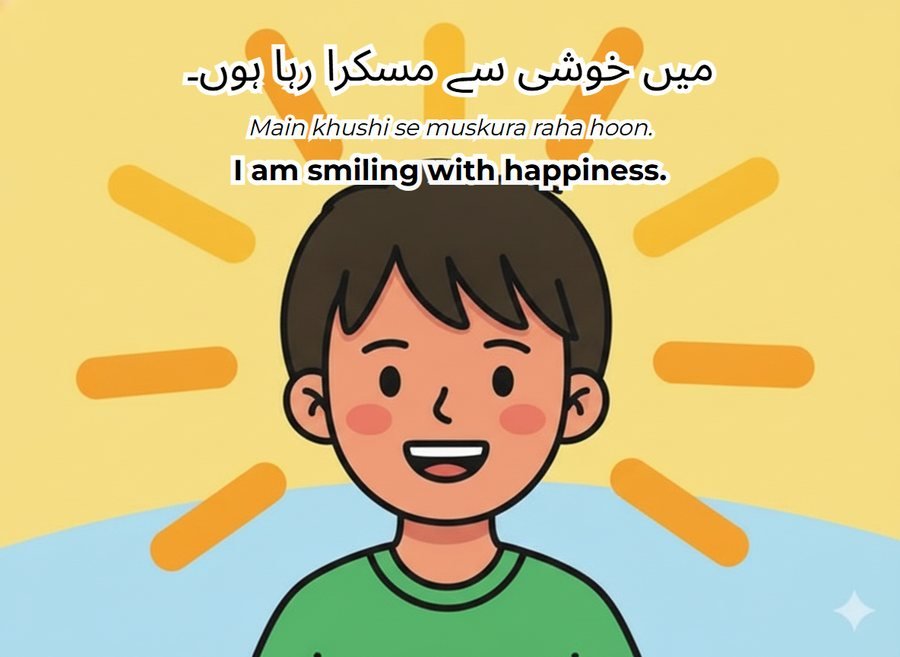 Flashcard: I am smiling with happiness. (میں خوشی سے مسکرا رہا ہوں۔)