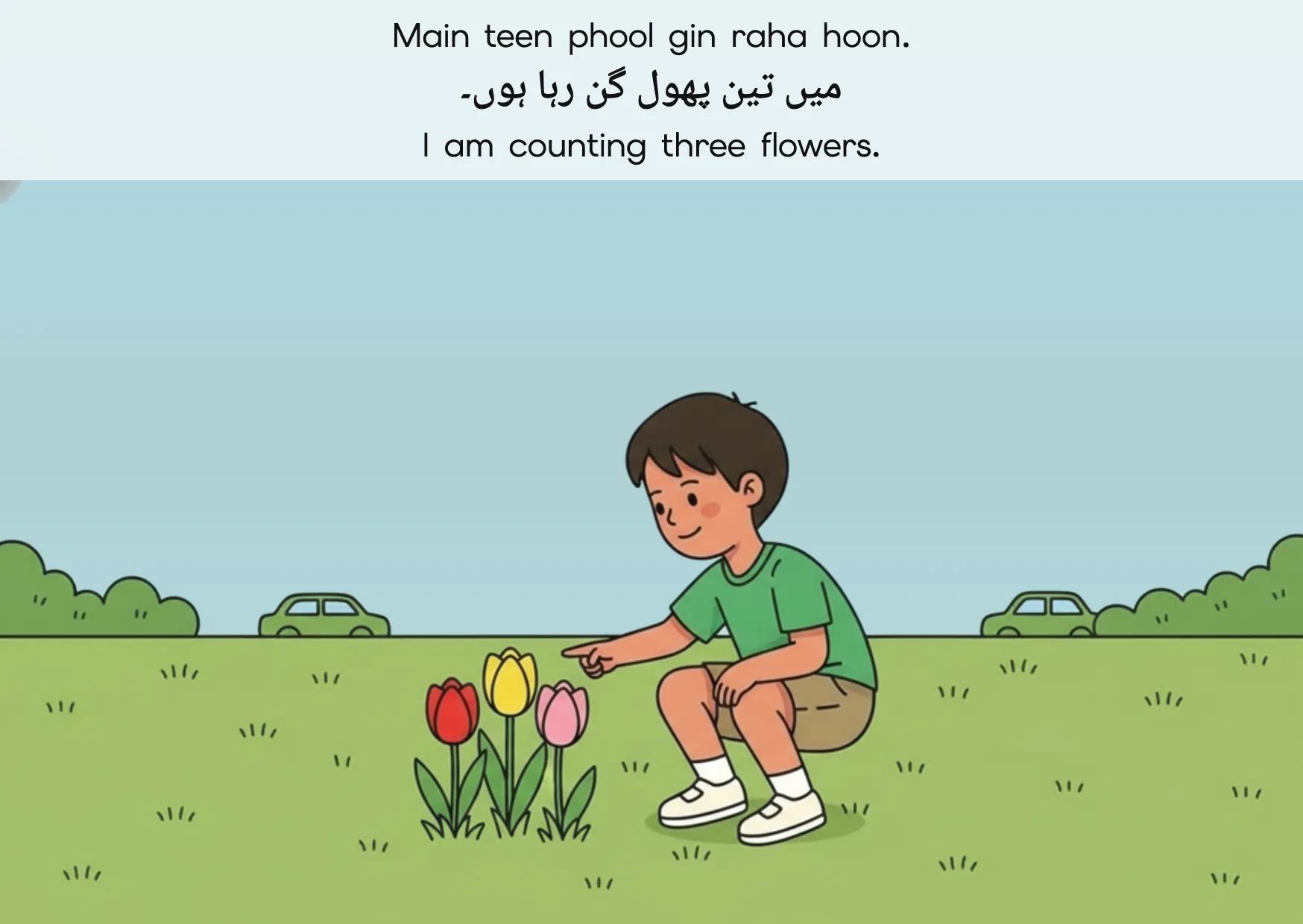 Flashcard: I am counting three flowers. (میں تین پھول گن رہا ہوں۔)