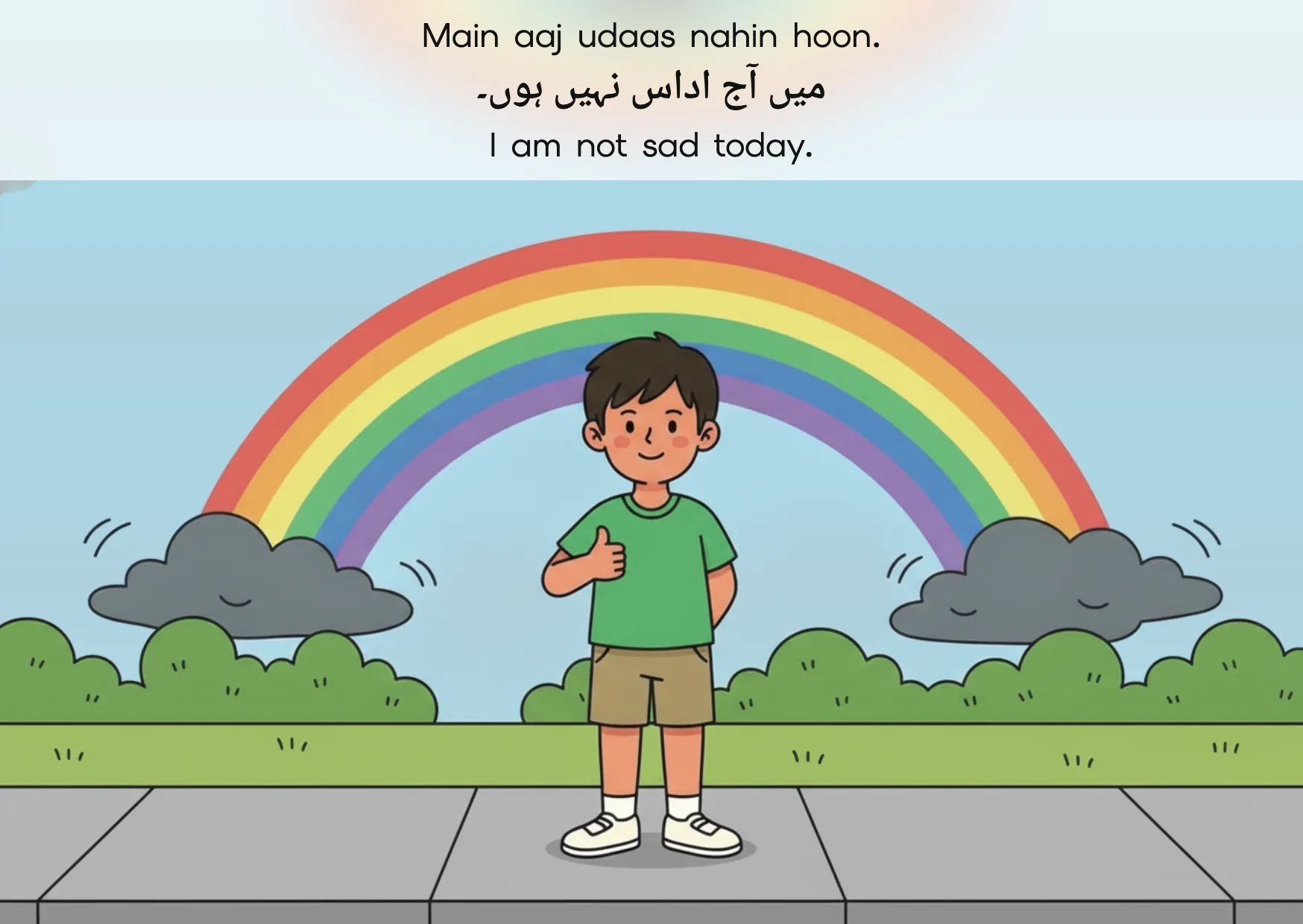 Flashcard: I am not sad today. (میں آج اداس نہیں ہوں۔)