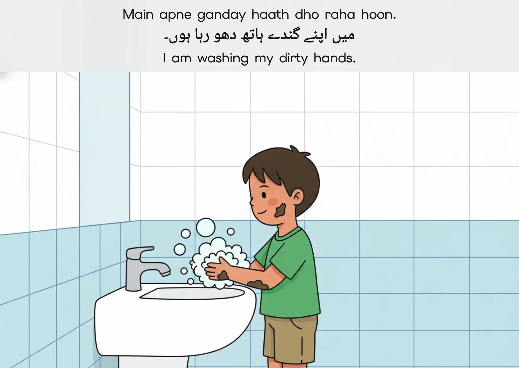 Flashcard: I am washing my dirty hands. (میں اپنے گندے ہاتھ دھو رہا ہوں۔)