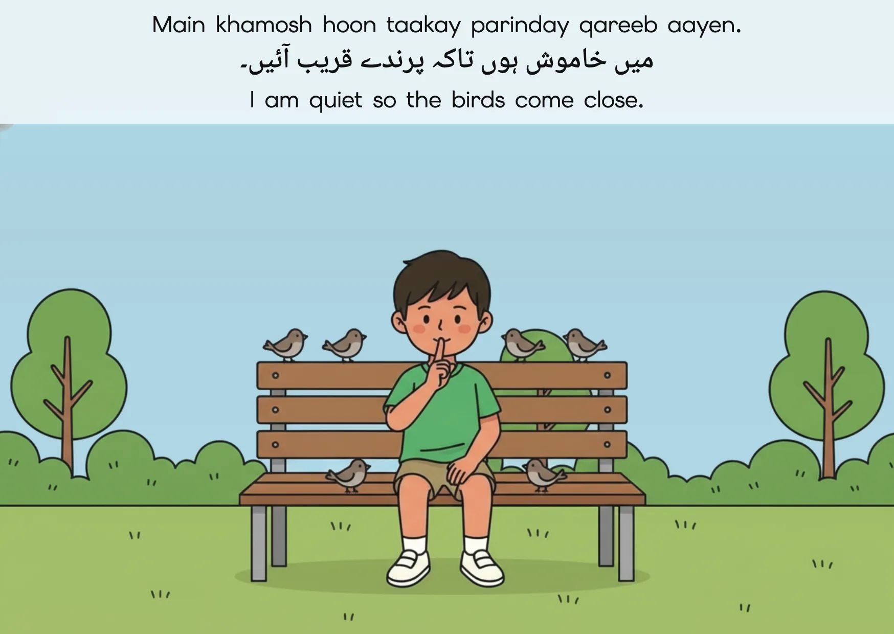 Flashcard: I am quiet so the birds come close. (میں خاموش ہوں تاکہ پرندے قریب آئیں۔)