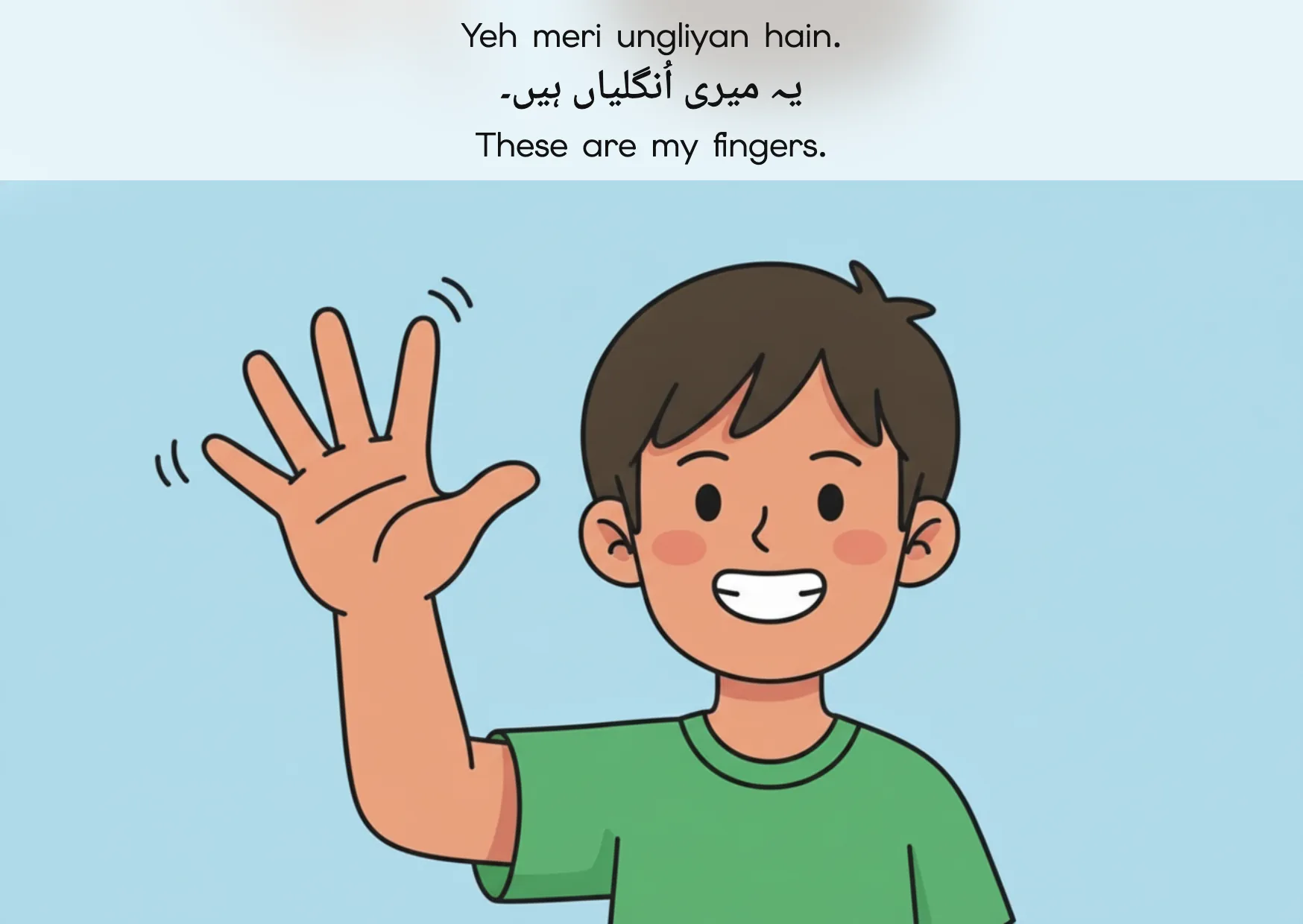 Flashcard: These are my fingers. (یہ میری اُنگلیاں ہیں۔)