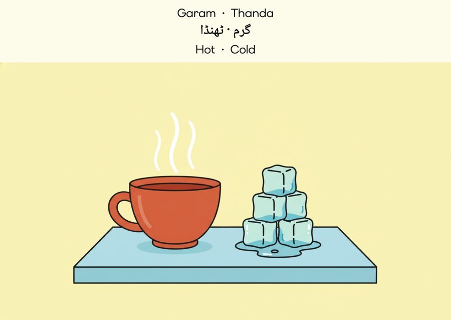 Flashcard: Hot · Cold (گرم · ٹھنڈا)