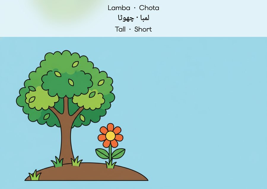 Flashcard: Tall · Short (لمبا · چھوٹا)
