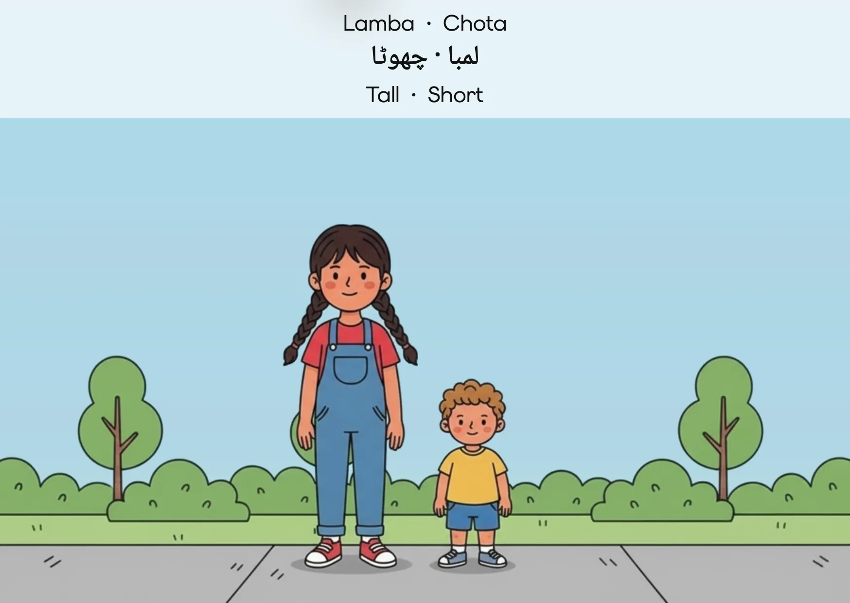Flashcard: Tall · Short (لمبا · چھوٹا)